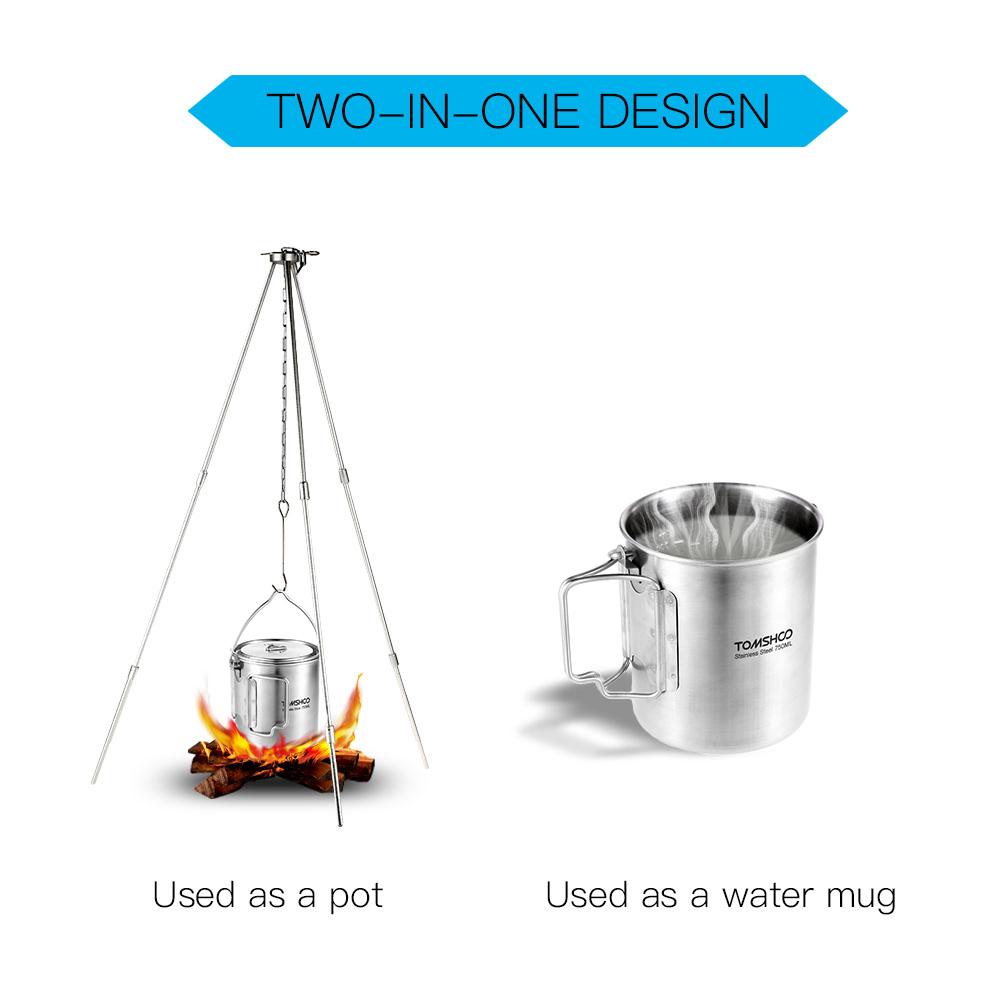 TOMSHOO 750 ml Edelstahl-Topf, tragbarer Wasserbecher, Tasse mit Deckel und faltbarem Griff, Outdoor, Camping, Kochen, Picknick