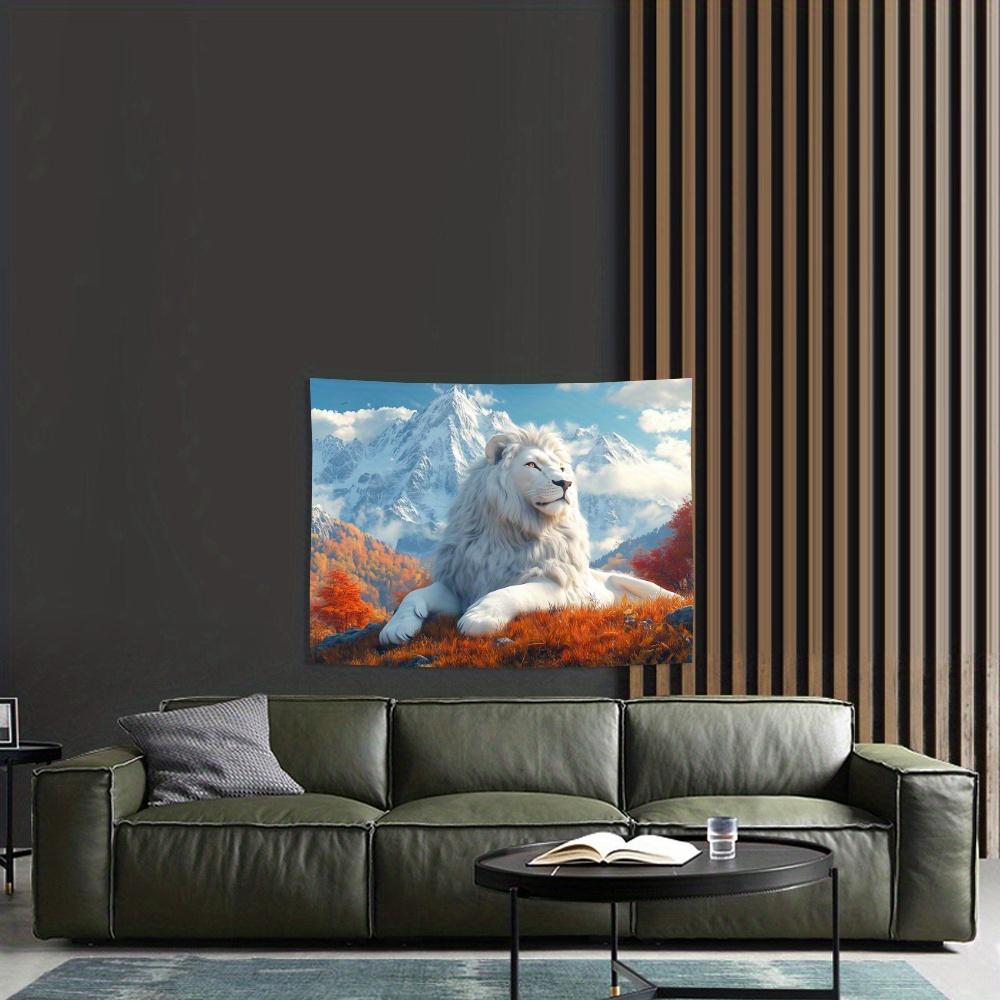 White Lion Tapestry Wall Hanging, Snow Mountain And Autumn Forest Landscape, Majestic Animal Art Decor For Living Room Bedroom