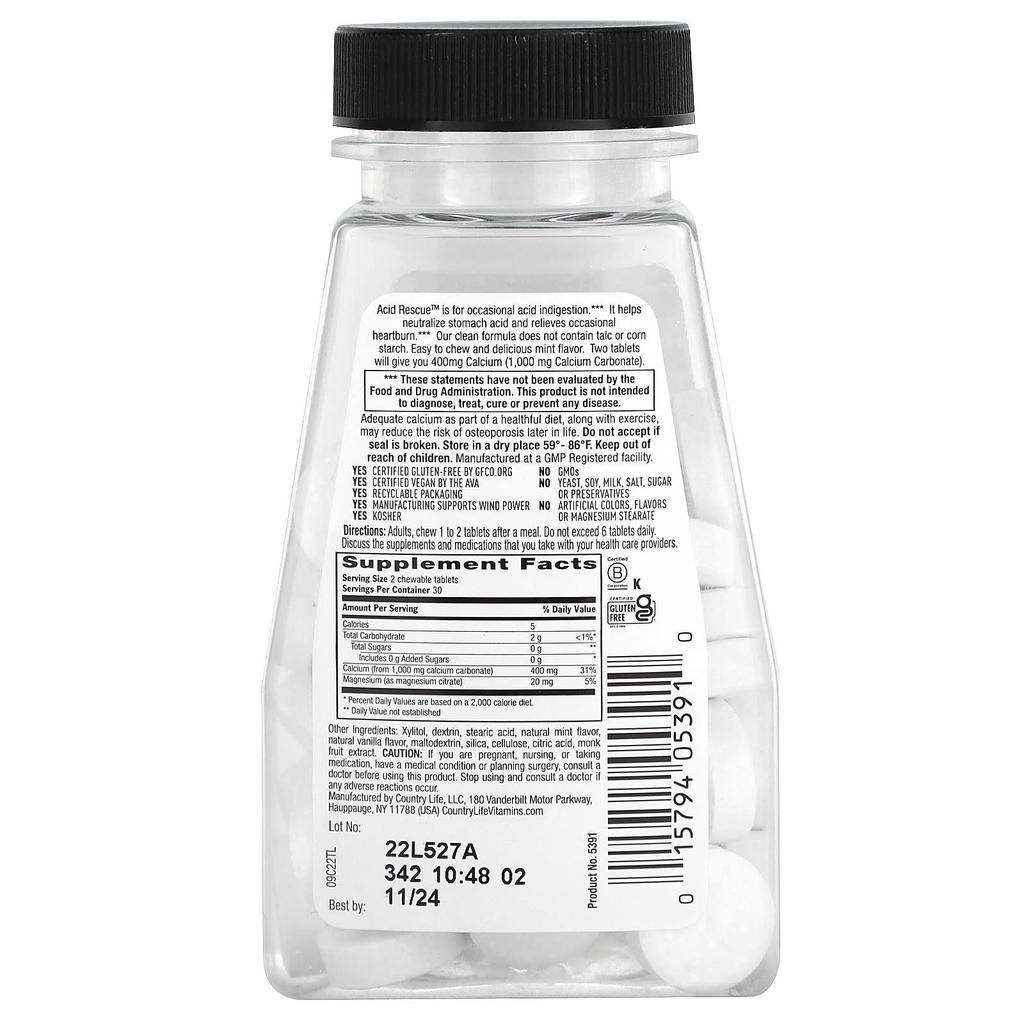 Acid Rescue, Calcium Carbonate, Mint, 1,000Mg, 60 Chewable Tablets (500Mg Per Tablet)