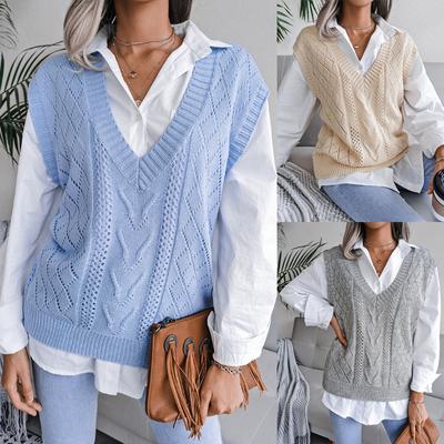 Women's Knitted Sweater Vest V-Neck Sleeveless Jumper Striped Knit Top Soft Knitwear Pullover
