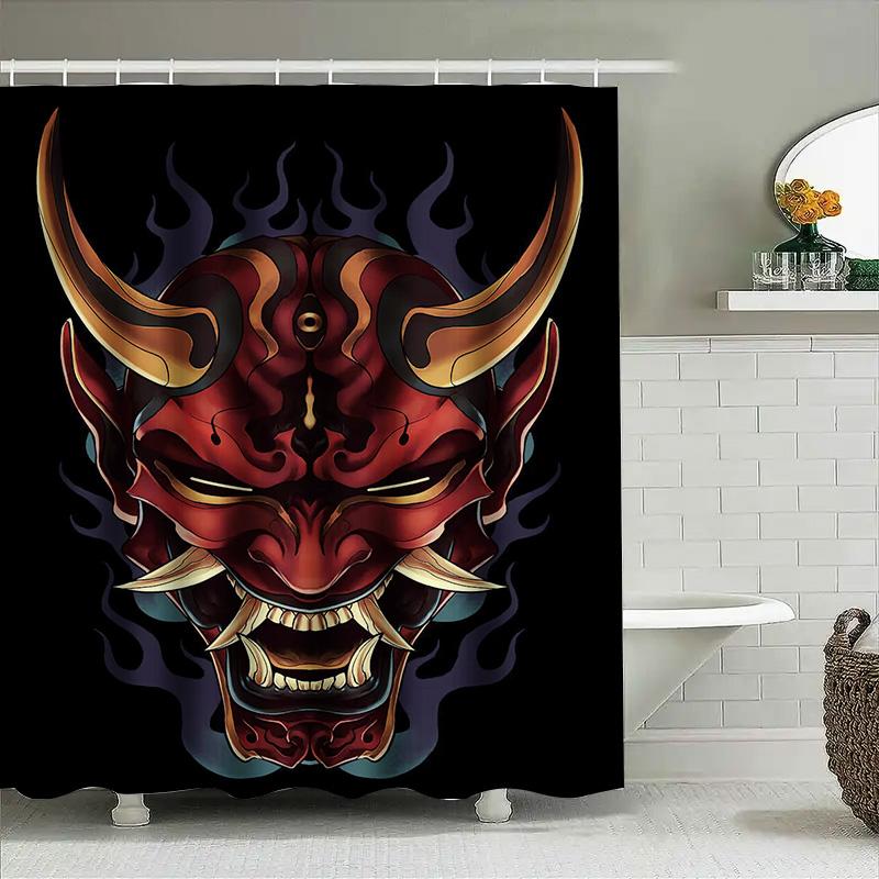Stylish Dark Red Cartoon Devil Bath Shower Curtain Waterproof Polyester Decorative Home Decor Custom Size Available Black Flame