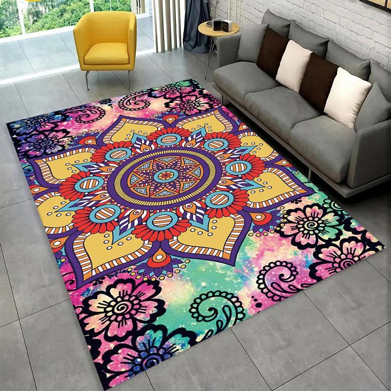 Bohemian Style Mandala Area Rug With Colorful Artistic Floral Geometric Patterns Soft Decorative Carpet For Living Room Bedroom