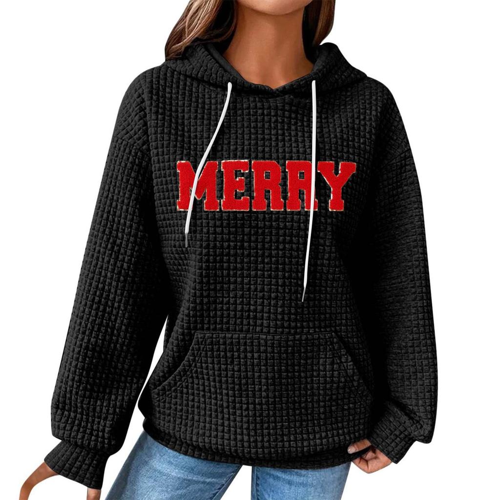 Women's Fashion Loose Hooded Pullover Long Sleeve Plaid Sweatshirt With Drawstring, Drop Shoulder, Pocket, Christmas Print Top
