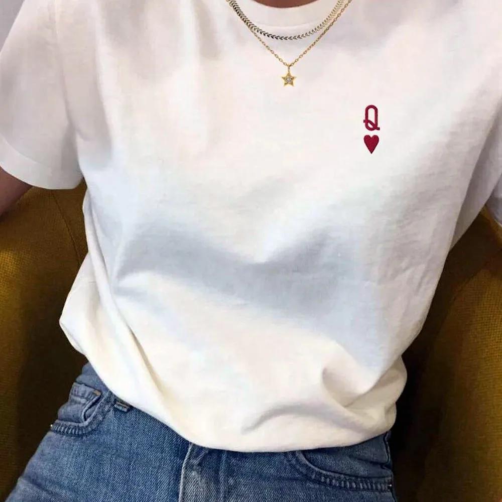 

Queen of Hearts Letter T Shirts Female White Loose Cotton Tops Short Sleeve Casual Shirt Women Graphic Tees Female Clothing S