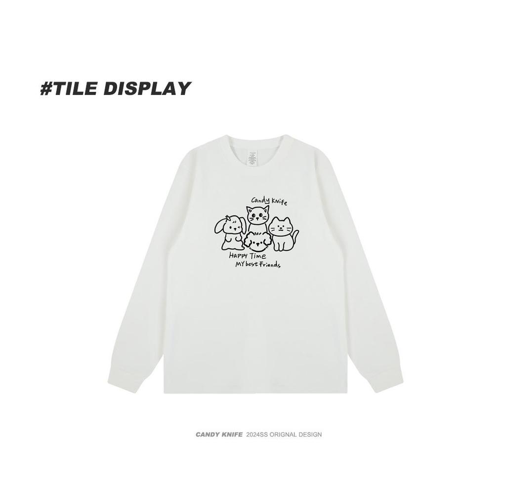 Adorable Cartoon Kitten Korean Cuffed Long Sleeve T-Shirt - Trendy Autumn/Winter Versatile Top