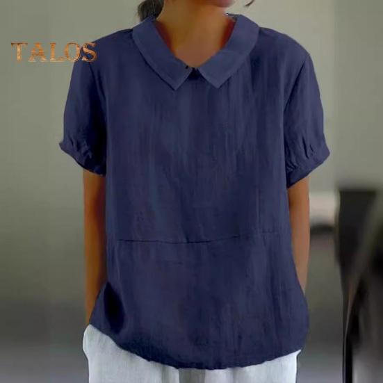 Damen Freizeithemd mit umgeschlagenem Kragen, kurzärmelig, einfarbig, lockere Passform, Sommer-T-Shirt für den Alltag