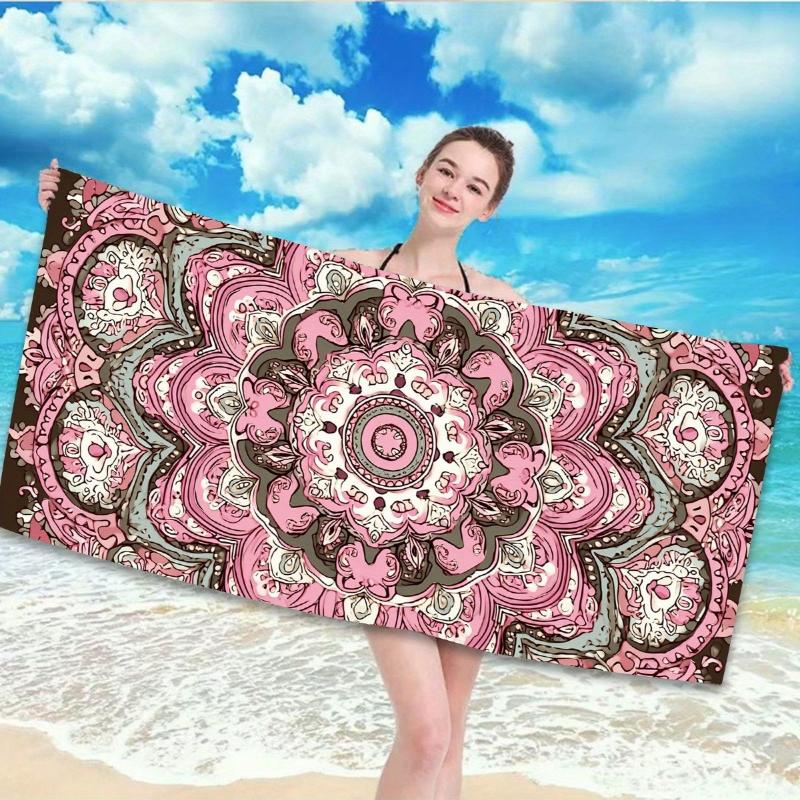 

A Single Pink Mandala Floral Design, Bohemian-Style Mandala Beach Towel, Made of Ultra-Soft Microfiber, Quick-Drying, Decorative W40*H60(CM)