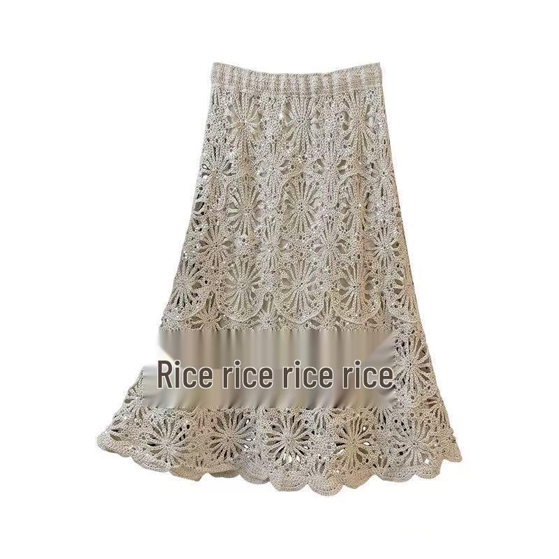 Luxury Sequin Hollow Knit Midi Skirt - Women's High-Waisted A-Line for Spring 2026