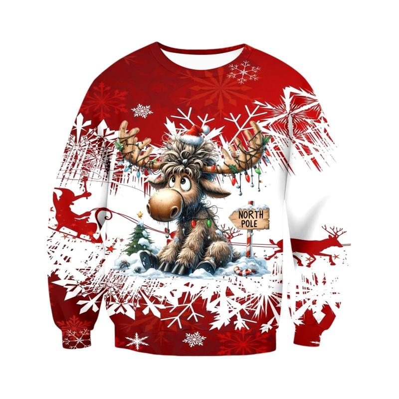 Sweatshirts Motif Rennes de Noël Pour Hommes Femmes Flocon de Neige Vin Impression 3D Pull Hoodies de Festival Manches Longues Col Rond Hauts