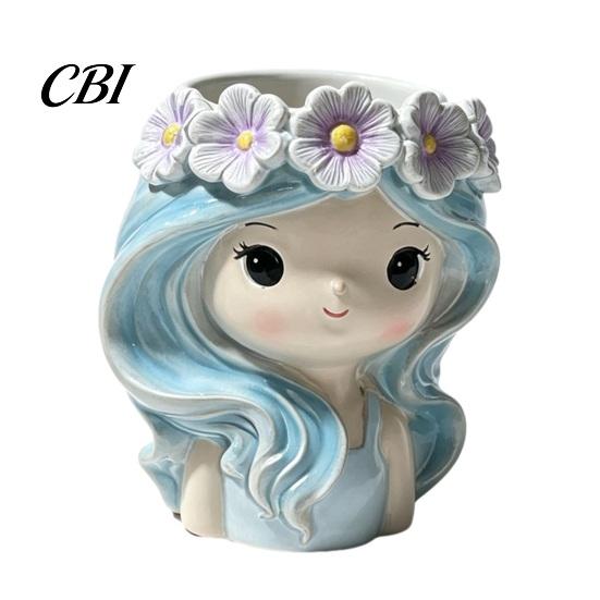 Unique Resin Planter with Flower Garland Cute Girl Planter, Blue Hair Head Small Succulents for Desk Decorative Plant Pot Cacti Indoor Plants