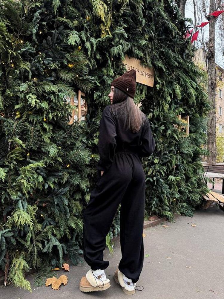 European & American Women's Spring/Autumn Long Sleeve Jumpsuit - Casual Half Open Neck, Elastic Waist Set