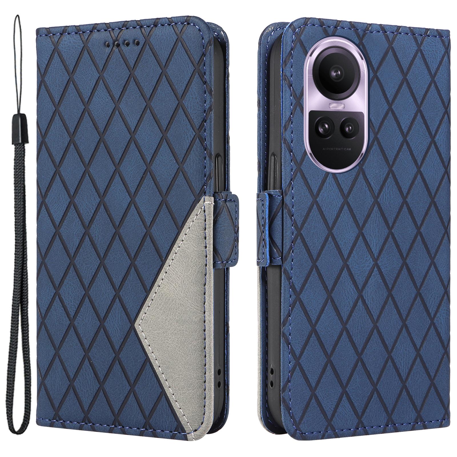 

For Oppo Reno10 5G (Global)/Reno10 Pro 5G (Global) Splicing Wallet Phone Case Rhombus Imprinted Leather Stand Cover Blue