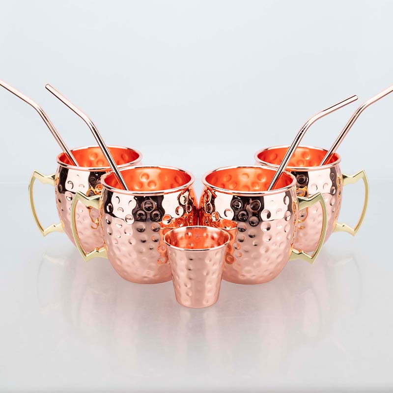 Moscow Mule Mug Set with Straw Copper Plated Hammered 350ml - 304 Stainless Steel Mini Cups with Gift Box for Bar and Home