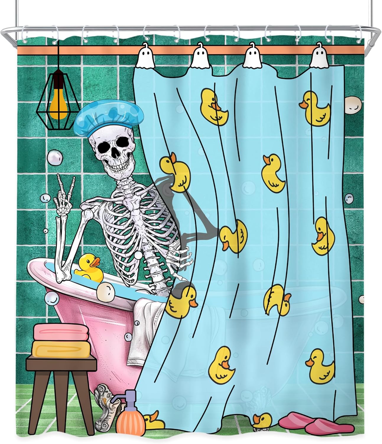 

Riyidecor Funny Gothic Skull Shower Curtain 60Wx72H Inch Kids Spooky Skeleton In Bathtub Bathing Rubber Duck Cool Hilarious W60H190(CM)-1 Pcs