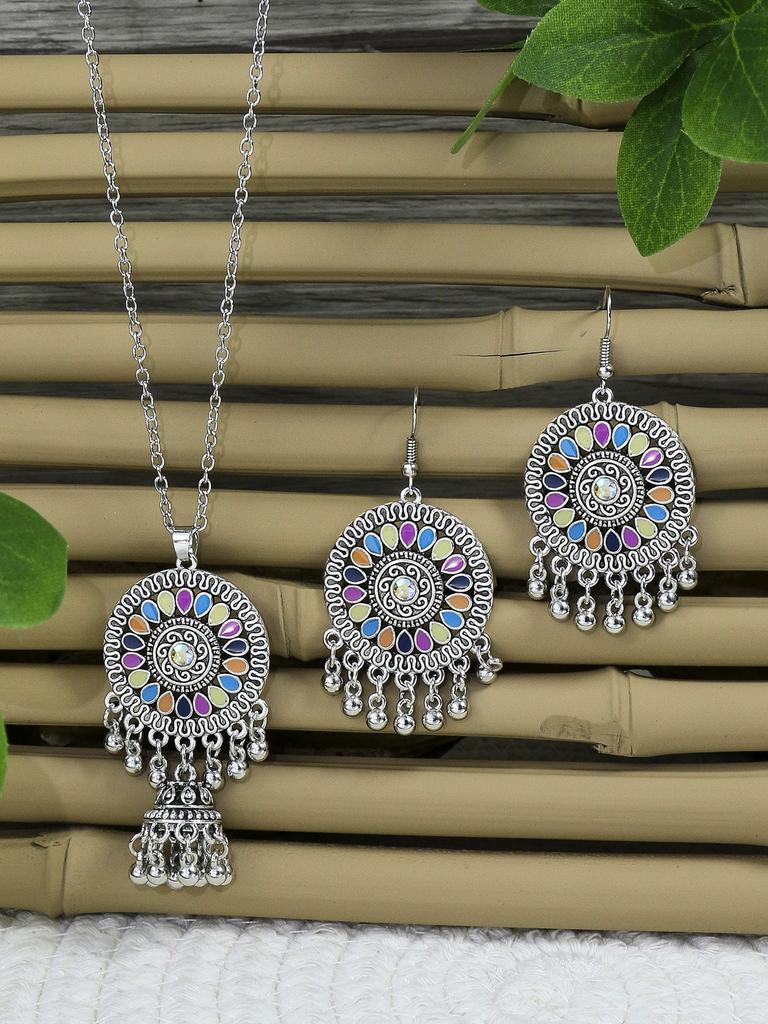 Bohemian Style Earring Necklace Set with Retro Ethnic Style Inlaid Multi-color Zircons for Women's Set