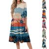 Damen Lässiges Rundhals-Midikleid Hawaiianischer Druck Sommerkleid Halbarm Bequeme Passform Ausgestellter Saum Strandstil-Kleid