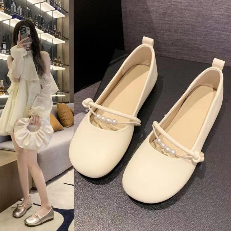 Women's Mary Jane Flats with Pearl Strap Comfortable Round-Toe Casual Shoes
