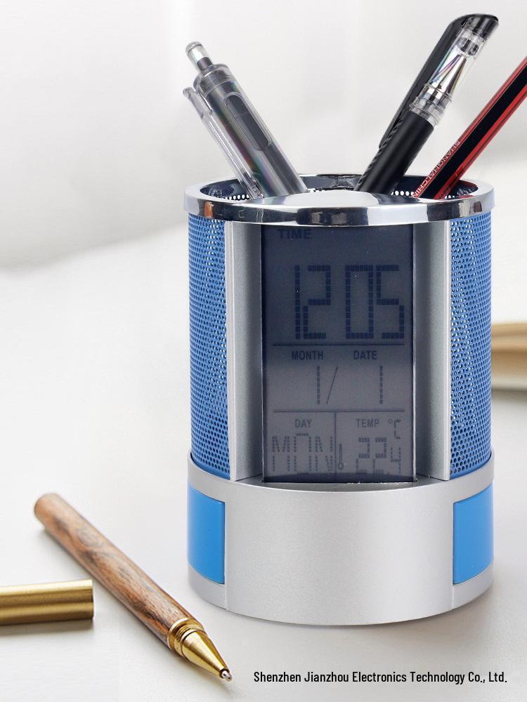 Multifunctional Metal Mesh Perpetual Calendar Pen Holder with Desktop Temperature Clock