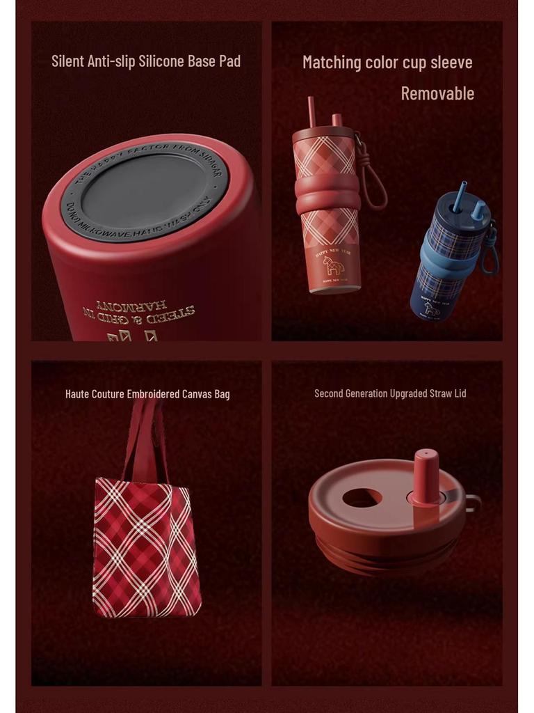 Year of the Horse Stainless Steel Thermos Cup with Ceramic Liner & Straw - Girls' Car Water Bottle, Perfect New Year Gift