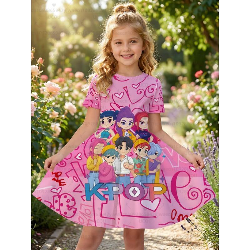 Summer Cute Kpop Demon Hunters Child Short Sleeve Adult Kids Tee Birthday Jersey Fashion Dress Cosplay Huntrix Fan Gift