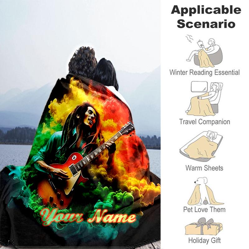 1PC Custom Name Rasta Music Legend flannel blanket versatile,all-season throw suitable for the living room,bedroom,camping,travel,and gift