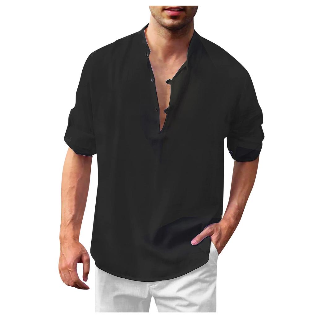 Designer Spring Summer Men's Casual Cotton Linen Color Long Sleeve Shirts Loose Stand Collar Shirts