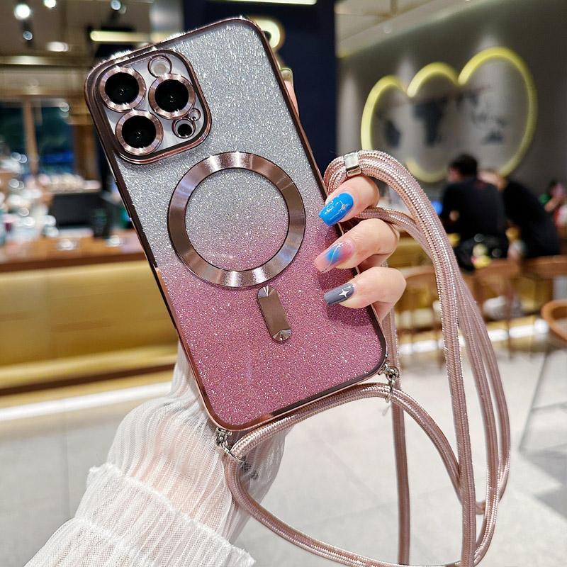 

Ремешок через плечо с градиентным блестящим магнитным чехлом для iPhone 14 13 12 11 Pro X XR XS Max Plus для Magsafe с покрытием, мягкая задняя крышка из ТПУ For iphone 13 розовый