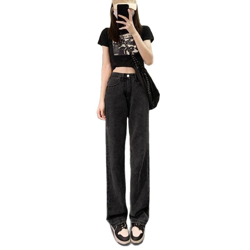 Black and Gray High-waisted Wide-leg Jeans Women's Autumn Clothing New Thin and Drape Straight Mopping Pants Spice Girl Tide