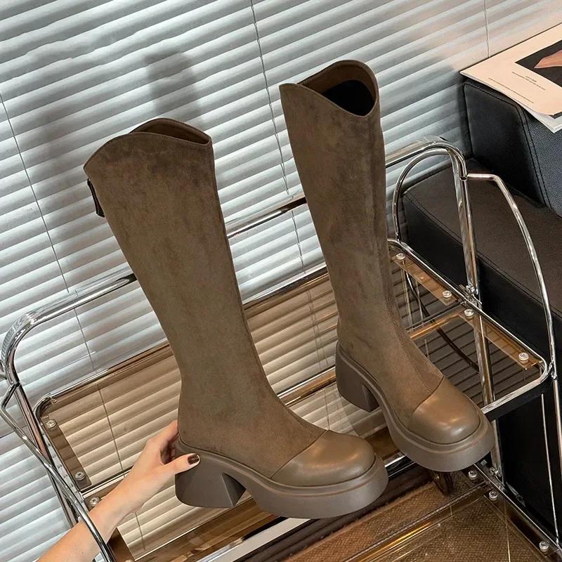 

мода Эластичные женские сапоги до колена Модные длинные сапоги с застежкой-молнией сзади Осенне-зимняя обувь на квадратном каблуке Женская обувь 35 коричневый