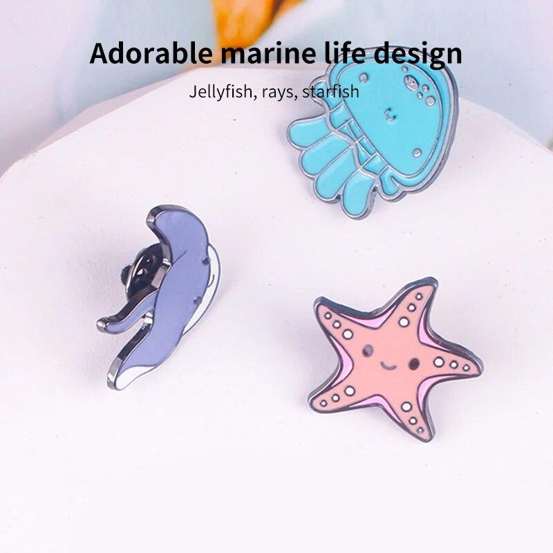 Sea Creature Brooch Pin Set Rays, Jellyfish, Starfish Metal Badge Marine Conservation Badge DIY Decoration Gift