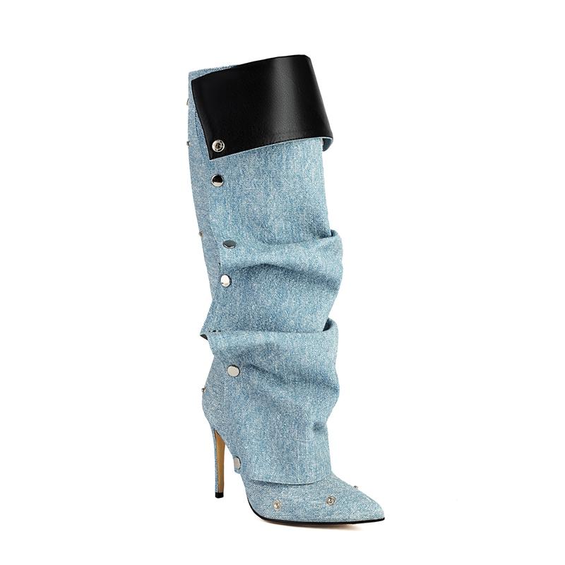 Fashion Women's New Spring and Autumn Pointed Fashion Runway, Metal Rivet Pleated Denim, High Heels, Plus Knee High Boots