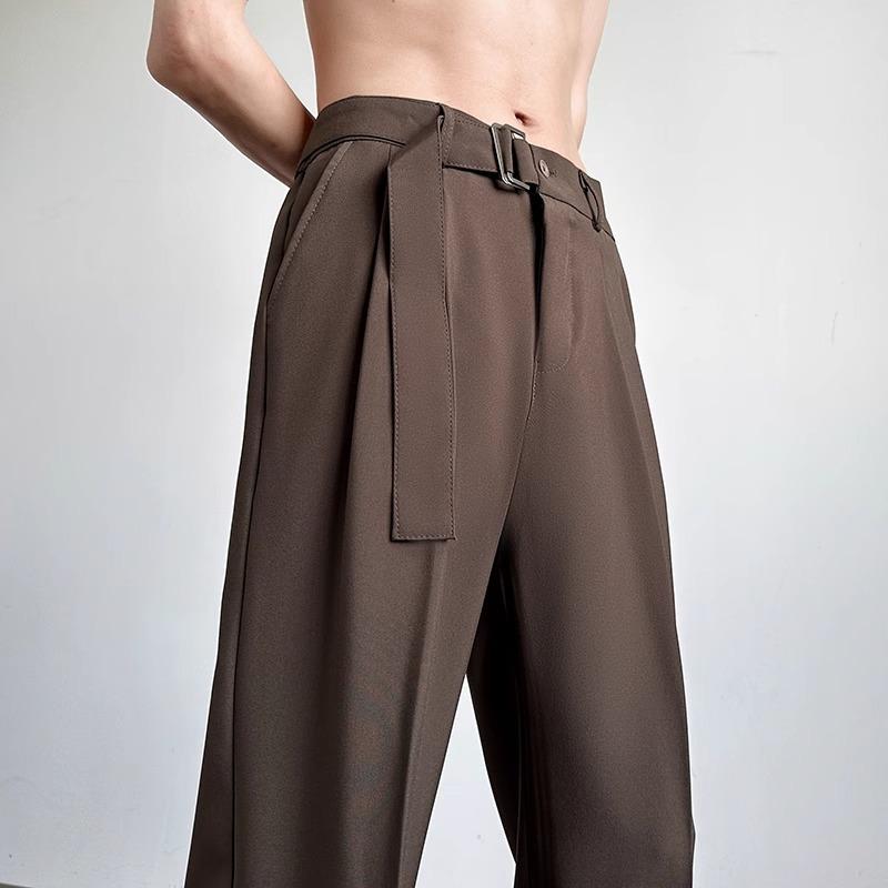 Lazy Wind Pendant Ice Silk Trousers Men's Summer Thin with Belt Loose Straight Trendy Casual Commuter Trousers