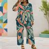 Women Plus Size Two Piece Set Round Neck Long Sleeve Printed Layered Top Wide Leg Cropped Pants