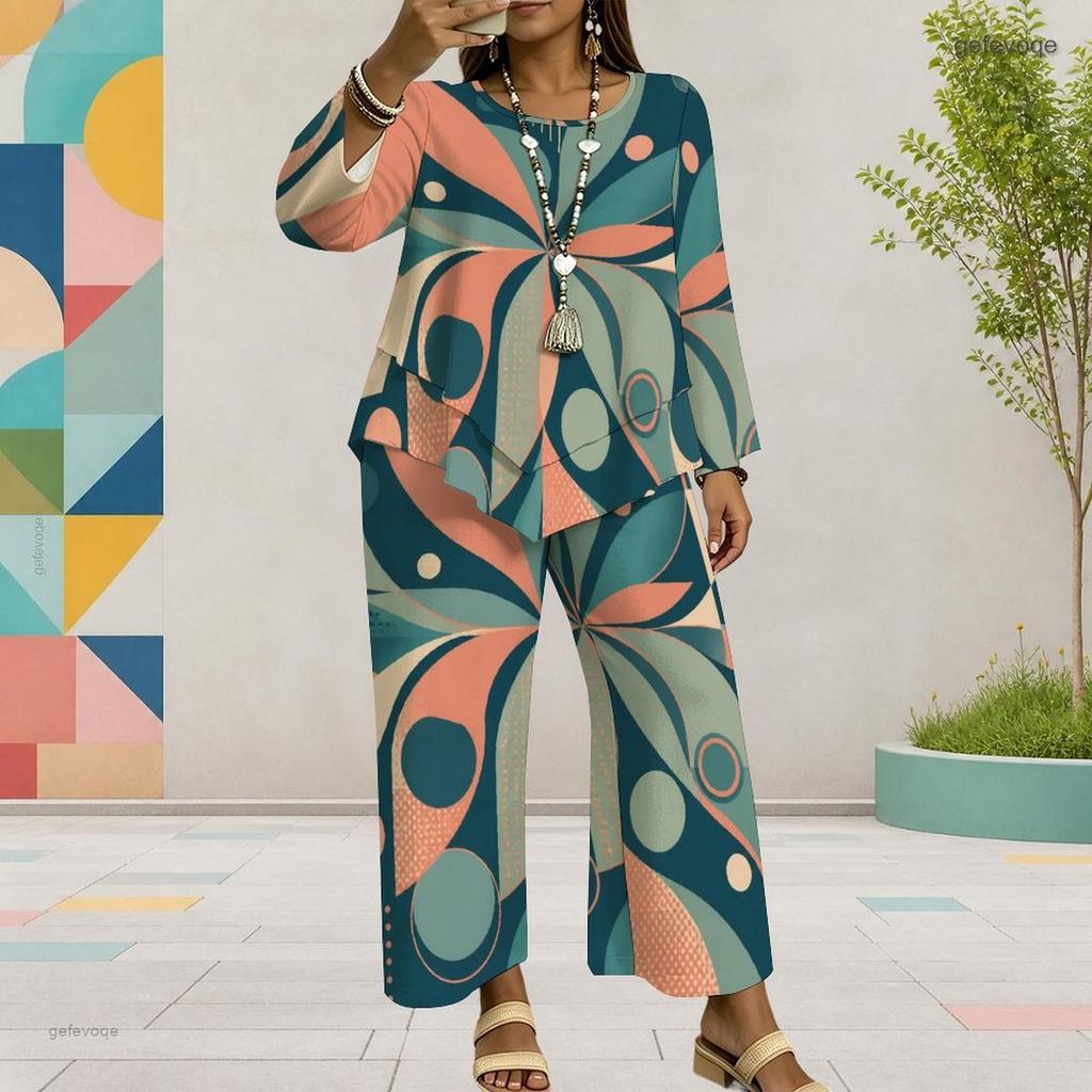 Women Plus Size Two Piece Set Round Neck Long Sleeve Printed Layered Top Wide Leg Cropped Pants