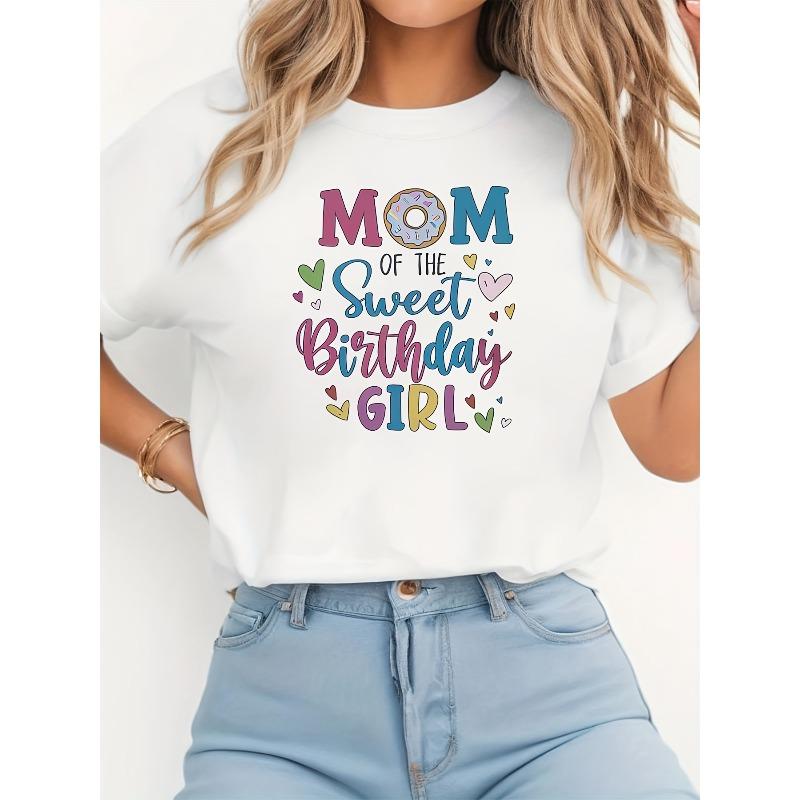 Plus Size - Plus Size - Mom of The Sweet Birthday Graphic Print Plus Size Women S Short Sleeve Crew Neck Casual Top for Summer & Spring S