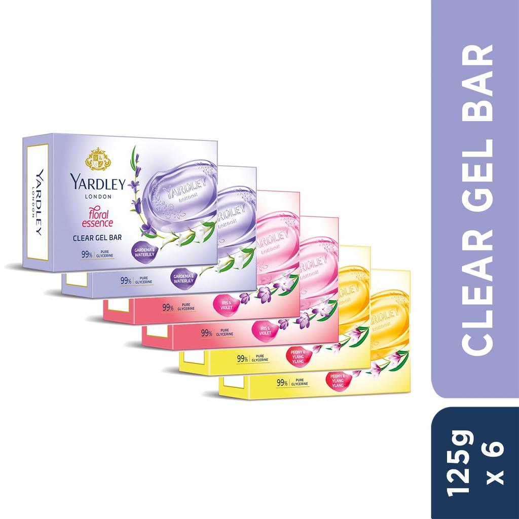 Yardley London Clear Gel Soap Bar Assorted  With Pure Glycerin And Floral Oils For Soft Moisturized Skin 125G x 6N Each