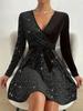 2025 Autumn/Winter V-neck Sequin Waist-cinching Short Dress - One Size in Stock