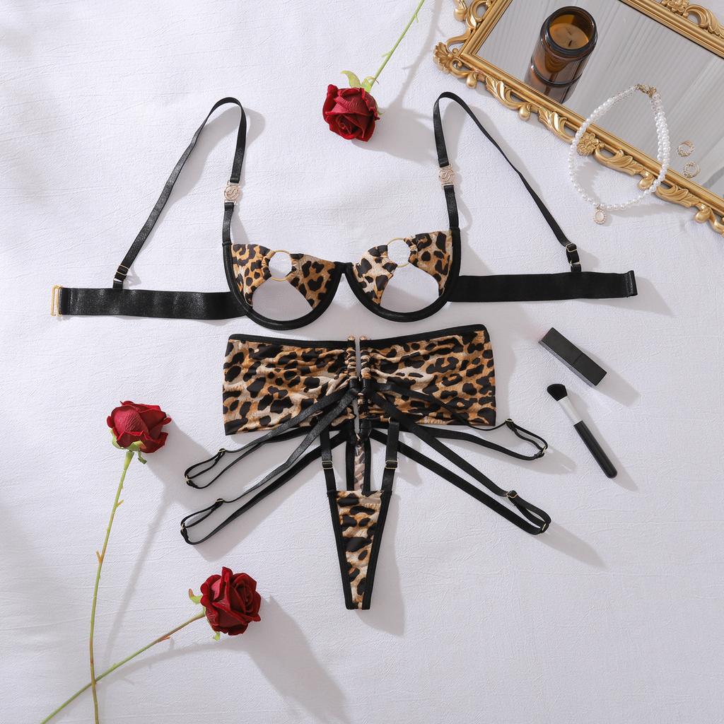 3 Pieces Leopard Print Lingerie Sets With Garter Belt Wild Lingeries Sexy Hot Seductive Sissy Hollow Out Bra And Panty Underwear