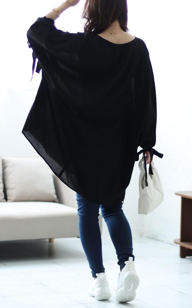 Gold Japan Plus Size Long Keyhole Dolman Wide Sizes Women's Tunic, Sleeves, Neck, Style, Ribbon, Spring/Autumn, Fem-460, Black, 4L-5L