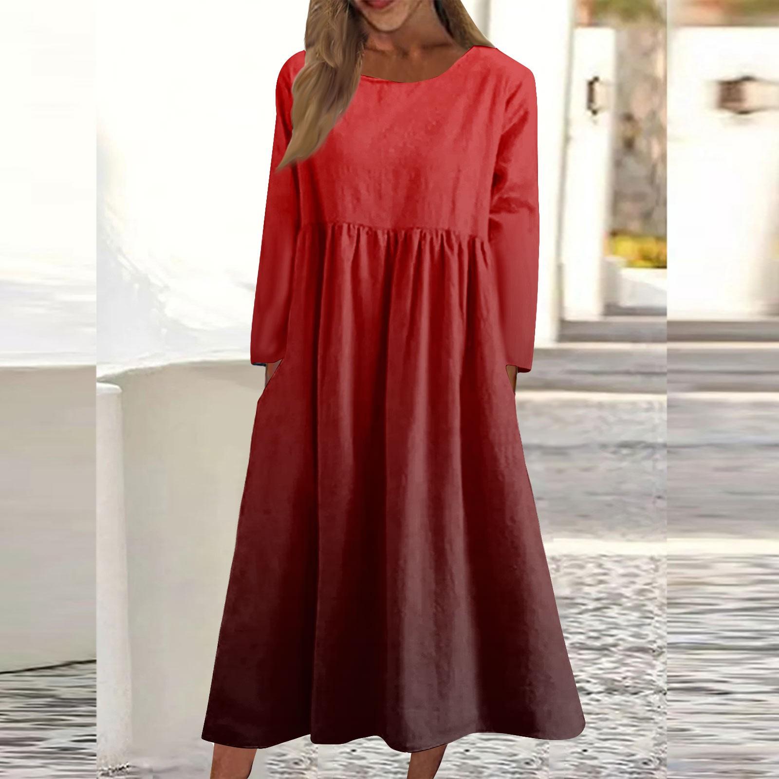 

Жіноча повсякденна сукня середньої довжини з круглим вирізом і кишенею з довгими рукавами та поступовою зміною кольору XL червоний