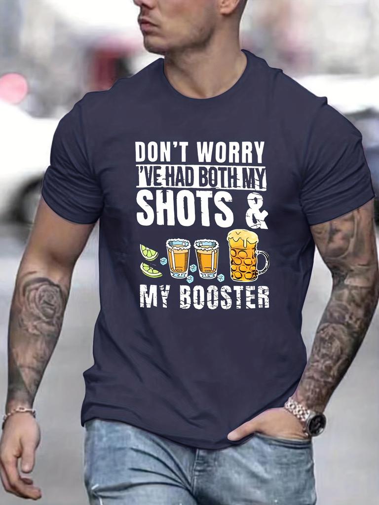 Unisex O Neck Tee Beer Shots Booster Funny Print Cotton Short Sleeve Loose Summer Street Breathable Daily Casual Basic Wear Top