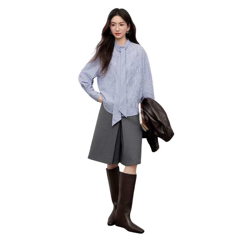 

Xiangying Women s Striped Bow-Knot Tie-Neck Blouse XL