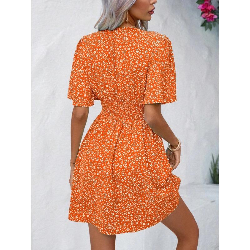 Women's Dress Summer V-Neck Mid Sleeve Printed High Waist Floral Pleated Dresses