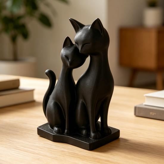 3D Printed Cat Figurine, 2 Cats Intertwining Sculpture, Modern Black Cat Statue for Home, Living Room, Office Desk, Shelf Decor