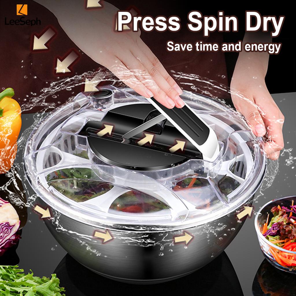 Centrífuga de Salada de Aço Inoxidável, Centrífuga de Legumes Tipo Pressão Manual 3.5L, Lavador Multifuncional Doméstico de Alface, Legumes e Frutas