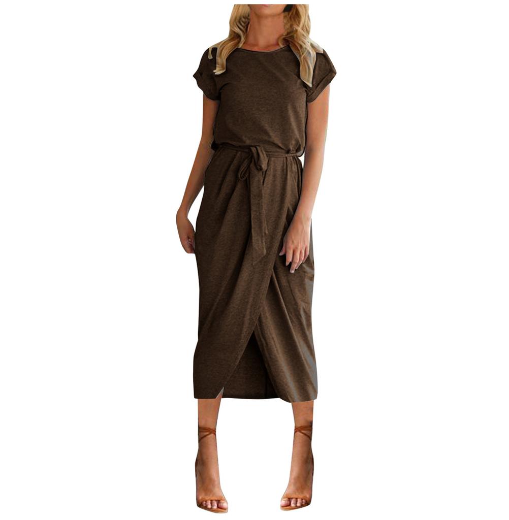 Damen Sommerkleid Rundhals ärmellos A-Linie Kleid Saum Gürtel Swing Strandkleider