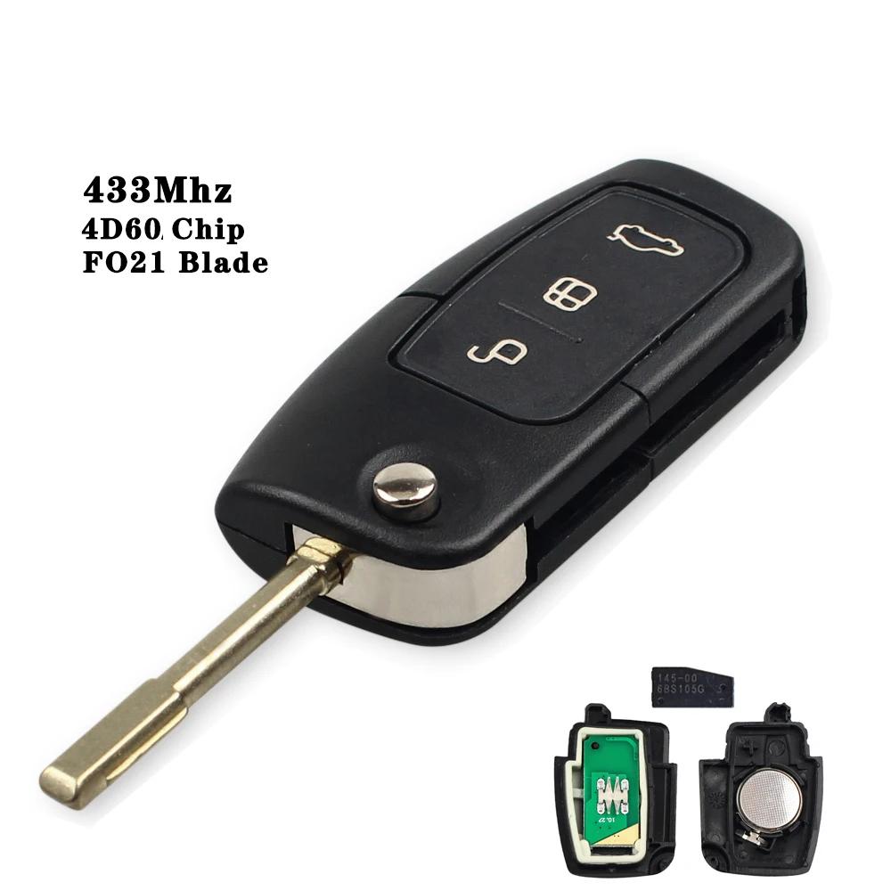 3 Button 433MHZ 4D60 4D63 Chip Car Remote Key for Ford Fusion Focus Mondeo Fiesta Galaxy with FO21 Blade Flip Key