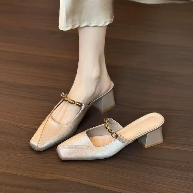 Fashion Block Heel Baotou Slippers Autumn New Square-toe Shallow-mouth Metal One-band Non-slip Kitten Heel Shoes