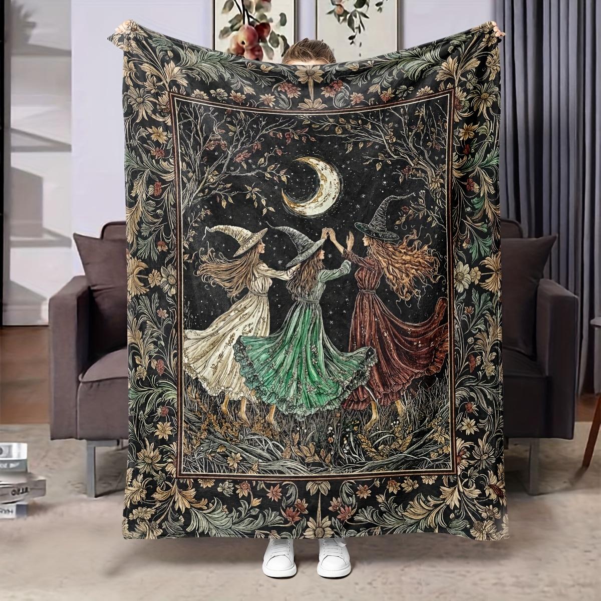 Exquisite Fashion Items Unisex Witch Sisters Flannel Blanket, Thickened All-Season Bedspread, Gothic Halloween Decor Perfect Gift For Women & Men