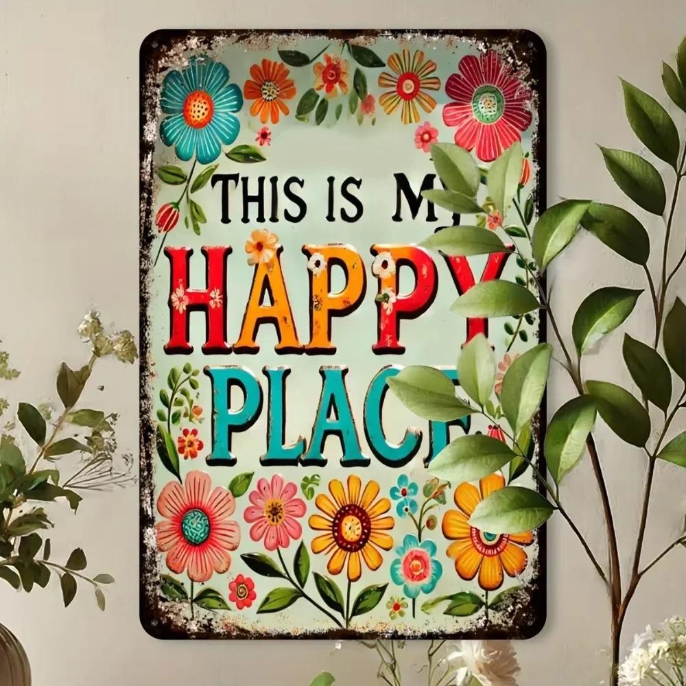 Rustic Floral All-Season Sign | Quality-Crafted "Happy Place" | Aluminum Decor for Home & Garden